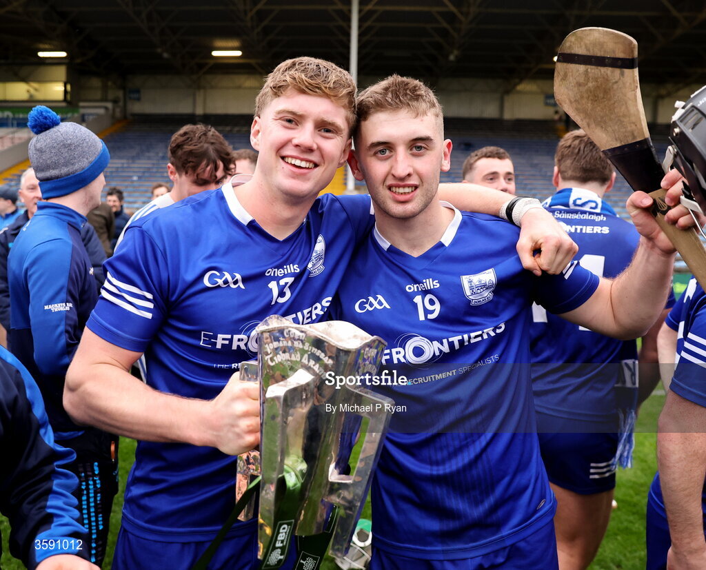 11 October 2026; Thurles Sarsfields players Darragh Stakelum, left, and Tommy Maher celebrate after the Tipperary County Senior Club Hurling Championship final match between Moycarkey-Borris and Thurles Sarsfields at FBD Semple Stadium in Thurles, Tipperary. Photo by Michael P Ryan/Sportsfile