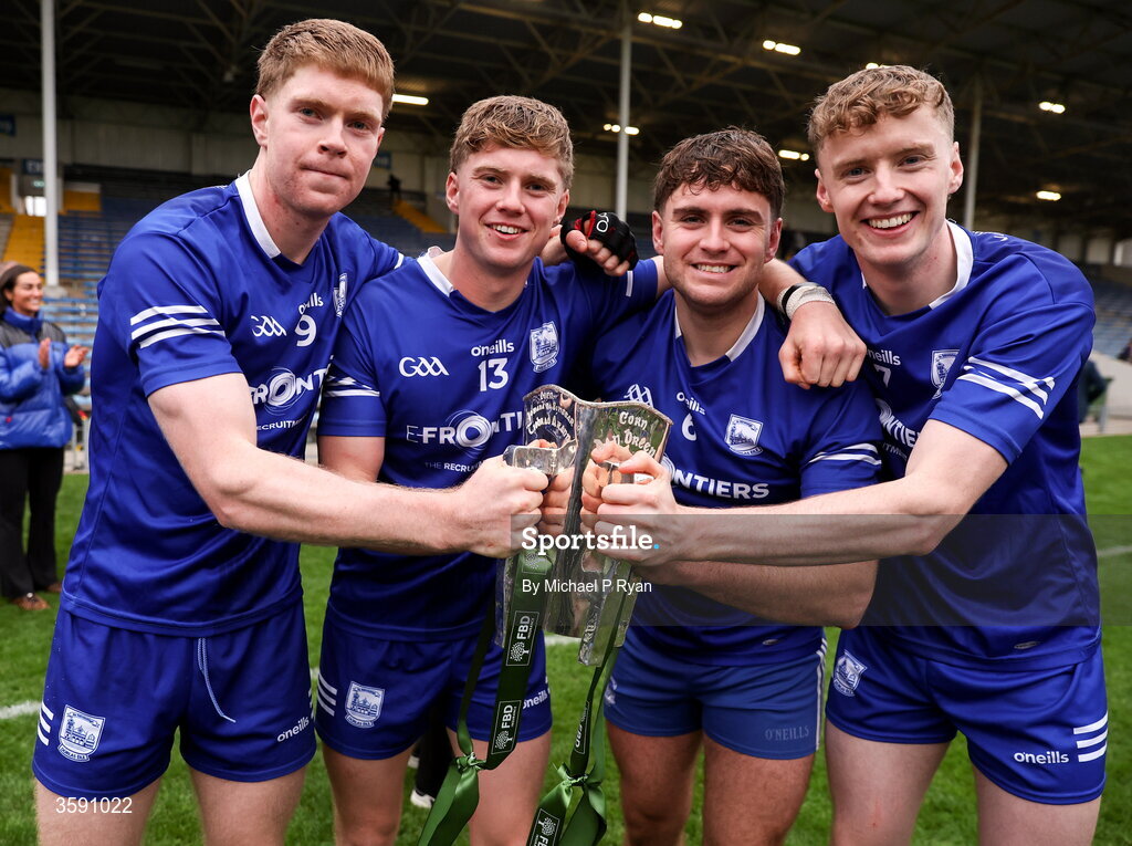 11 October 2026; Thurles Sarsfields players and brothers from left, Aidan Stakelum, Darragh Stakelum, Conor Stakelum, and Cian Stakelum celebrate with the Dan Breen cup after the Tipperary County Senior Club Hurling Championship final match between Moycarkey-Borris and Thurles Sarsfields at FBD Semple Stadium in Thurles, Tipperary. Photo by Michael P Ryan/Sportsfile