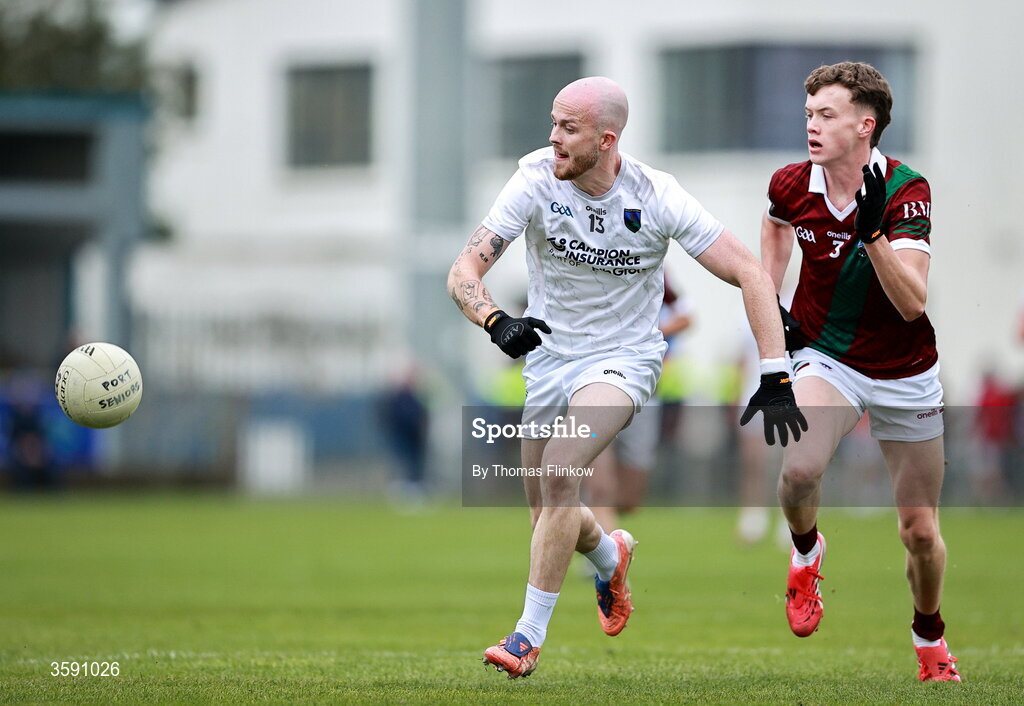 11 October 2026; Cian Doyle of Courtwood in action against Tom Corcoran of Portarlington during the Laois County Senior Club Football Championship final match between Courtwood and Portarlington at Laois Hire O'Moore Park in Portlaoise, Laois. Photo by Thomas Flinkow/Sportsfile
