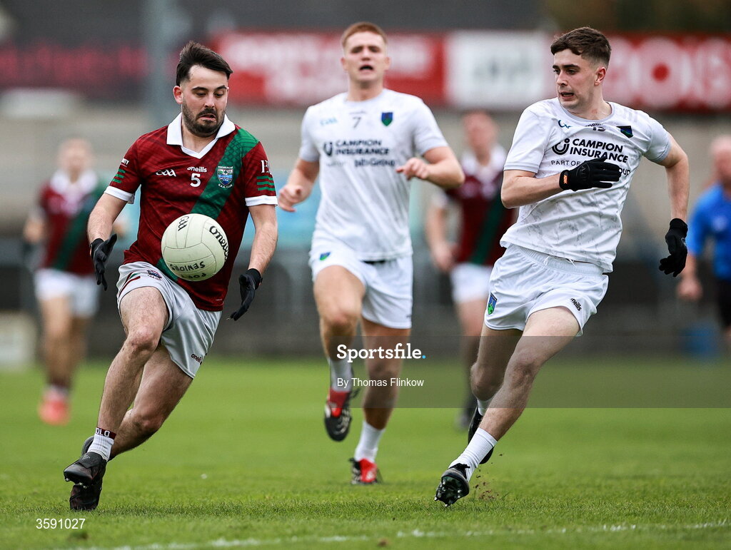 11 October 2026; Curtis Lyons of Portarlington in action against Darragh McEvoy of Courtwood during the Laois County Senior Club Football Championship final match between Courtwood and Portarlington at Laois Hire O'Moore Park in Portlaoise, Laois. Photo by Thomas Flinkow/Sportsfile