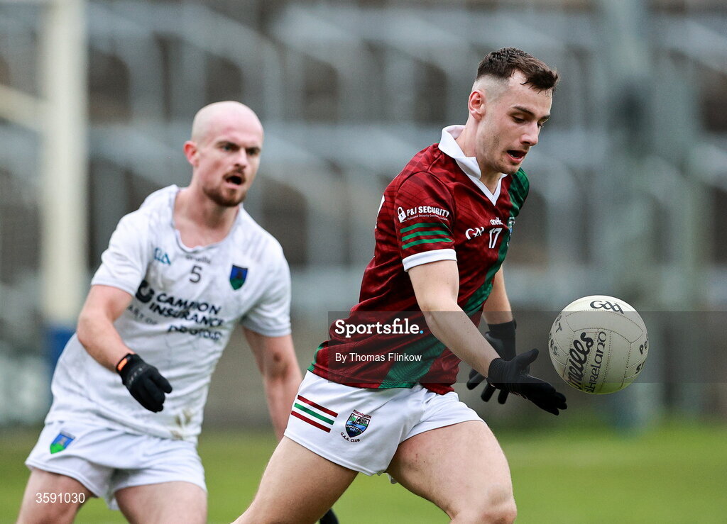 11 October 2026; Darragh Slevin of Portarlington in action against Jake Doyle of Courtwood during the Laois County Senior Club Football Championship final match between Courtwood and Portarlington at Laois Hire O'Moore Park in Portlaoise, Laois. Photo by Thomas Flinkow/Sportsfile