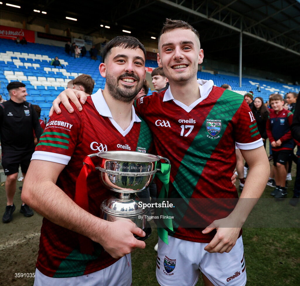 11 October 2026; Portarlington players Curtis Lyons, left, and Darragh Slevin after the Laois County Senior Club Football Championship final match between Courtwood and Portarlington at Laois Hire O'Moore Park in Portlaoise, Laois. Photo by Thomas Flinkow/Sportsfile