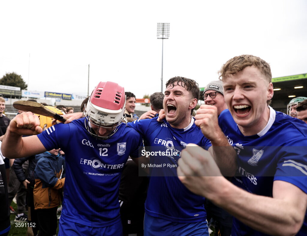 11 October 2026; Thurles Sarsfields players from left, Euan Murray, Conor Stakelum, and Cian Stakelum celebrate after the Tipperary County Senior Club Hurling Championship final match between Moycarkey-Borris and Thurles Sarsfields at FBD Semple Stadium in Thurles, Tipperary. Photo by Michael P Ryan/Sportsfile