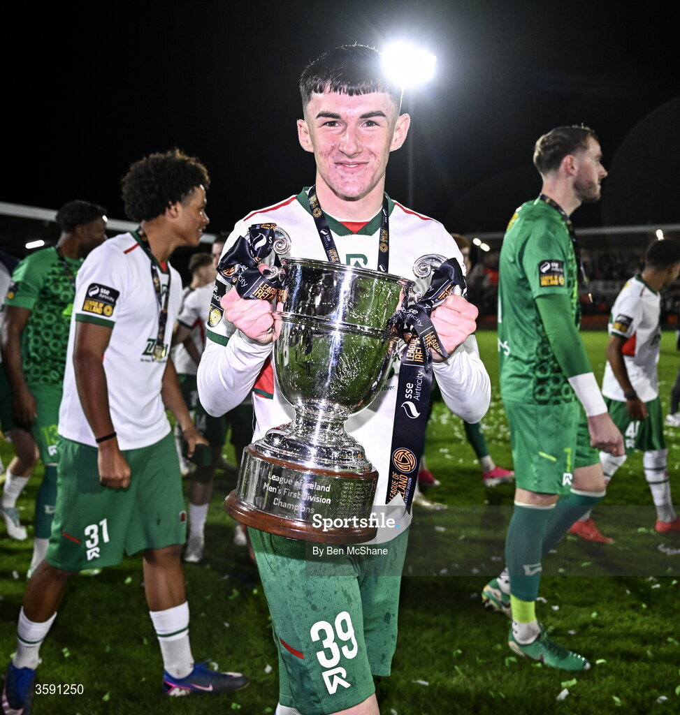 9 October 2026; Cillian Murphy of Cork City with the SSE Airtrity Men's First Division trophy after the SSE Airtricity Men’s First Division match between Cork City and Finn Harps at Turner's Cross in Cork. Photo by Ben McShane/Sportsfile