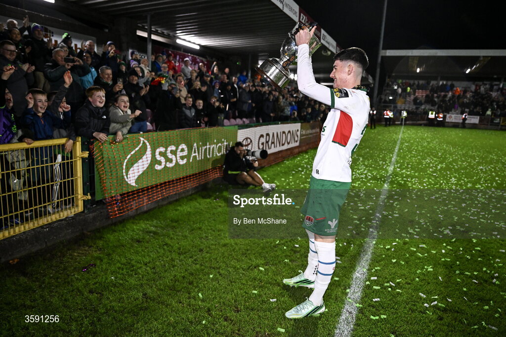 9 October 2026; Cillian Murphy of Cork City with the SSE Airtrity Men's First Division trophy after the SSE Airtricity Men’s First Division match between Cork City and Finn Harps at Turner's Cross in Cork. Photo by Ben McShane/Sportsfile