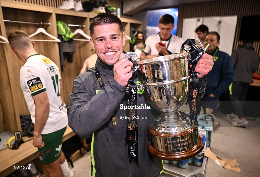 9 October 2026; Cork City physiotherapist Isaac Coppel with the SSE Airtrity Men's First Division trophy after the SSE Airtricity Men’s First Division match between Cork City and Finn Harps at Turner's Cross in Cork. Photo by Ben McShane/Sportsfile