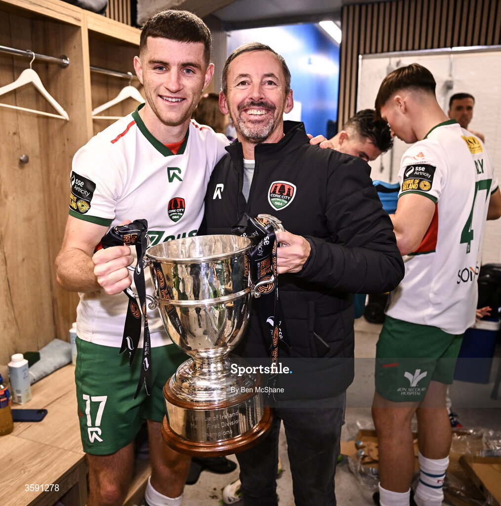 9 October 2026; Darragh Crowley of Cork City and Cork City owner Dermot Usher with the SSE Airtrity Men's First Division trophy after the SSE Airtricity Men’s First Division match between Cork City and Finn Harps at Turner's Cross in Cork. Photo by Ben McShane/Sportsfile
