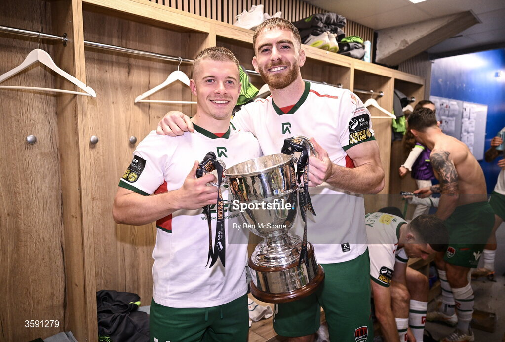 9 October 2026; Niall O'Keeffe, left, and Conor Drinan of Cork City with the SSE Airtrity Men's First Division trophy after the SSE Airtricity Men’s First Division match between Cork City and Finn Harps at Turner's Cross in Cork. Photo by Ben McShane/Sportsfile
