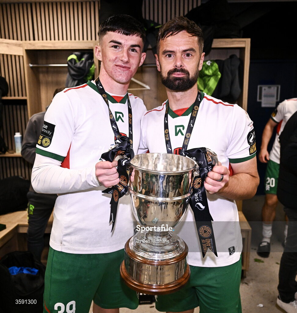 9 October 2026; Cillian Murphy, left, and Greg Bolger of Cork City with the SSE Airtrity Men's First Division trophy after the SSE Airtricity Men’s First Division match between Cork City and Finn Harps at Turner's Cross in Cork. Photo by Ben McShane/Sportsfile