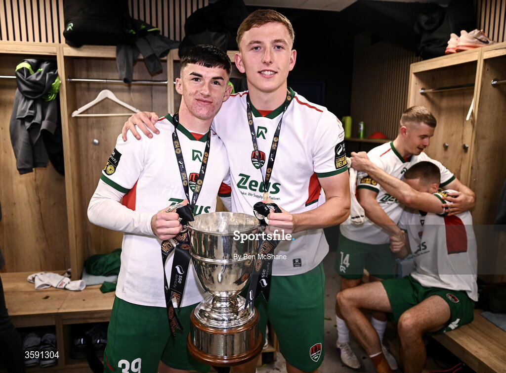 9 October 2026; Cillian Murphy, left, and Luke Downey of Cork City with the SSE Airtrity Men's First Division trophy after the SSE Airtricity Men’s First Division match between Cork City and Finn Harps at Turner's Cross in Cork. Photo by Ben McShane/Sportsfile