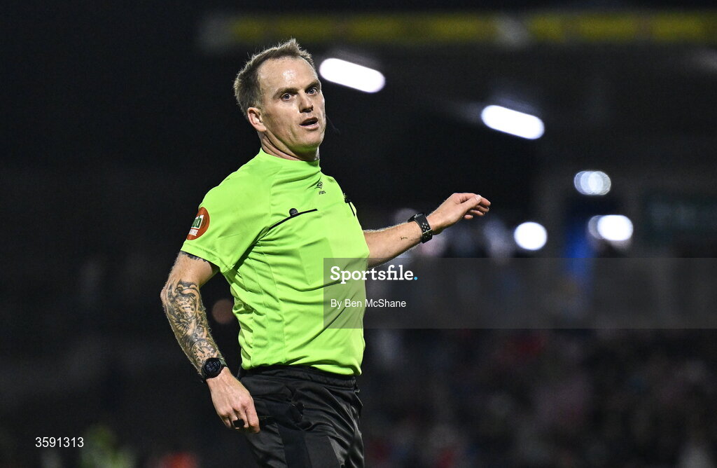 9 October 2026; Referee John Sconnie Walsh during the SSE Airtricity Men’s First Division match between Cork City and Finn Harps at Turner's Cross in Cork. Photo by Ben McShane/Sportsfile