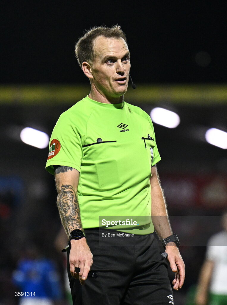 9 October 2026; Referee John Sconnie Walsh during the SSE Airtricity Men’s First Division match between Cork City and Finn Harps at Turner's Cross in Cork. Photo by Ben McShane/Sportsfile