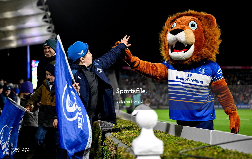 10 October 2026; Leo The Lion high fives a fan during the United Rugby Championship match between Leinster and Cardiff at the Laya Arena in Dublin. Photo by Eakin Howard/Sportsfile