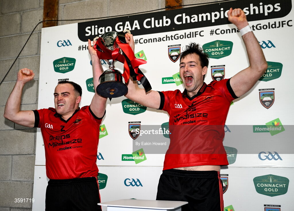 11 October 2026; Scott Lynch of St Mary's and David McGovern celebrate with the trophy after the Sligo County Senior Club Football Championship final match between Shamrock Gaels and St Mary's at Markievicz Park in Sligo. Photo by Eakin Howard/Sportsfile