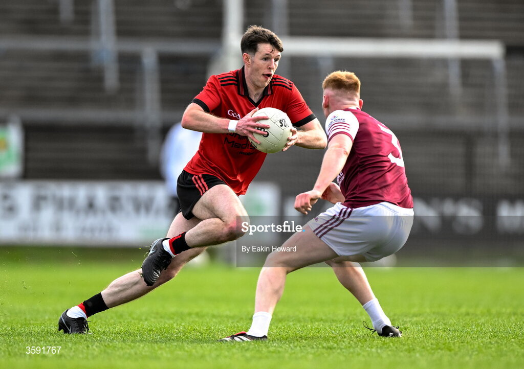 11 October 2026; Fintan Campbell of St Mary's in action against Evan Lyons of Shamrock Gaels during the Sligo County Senior Club Football Championship final match between Shamrock Gaels and St Mary's at Markievicz Park in Sligo. Photo by Eakin Howard/Sportsfile