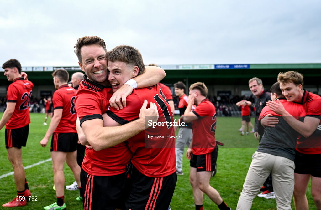 11 October 2026; Stephen Coen of St Mary's hugs team-mate Finn Young after the Sligo County Senior Club Football Championship final match between Shamrock Gaels and St Mary's at Markievicz Park in Sligo. Photo by Eakin Howard/Sportsfile