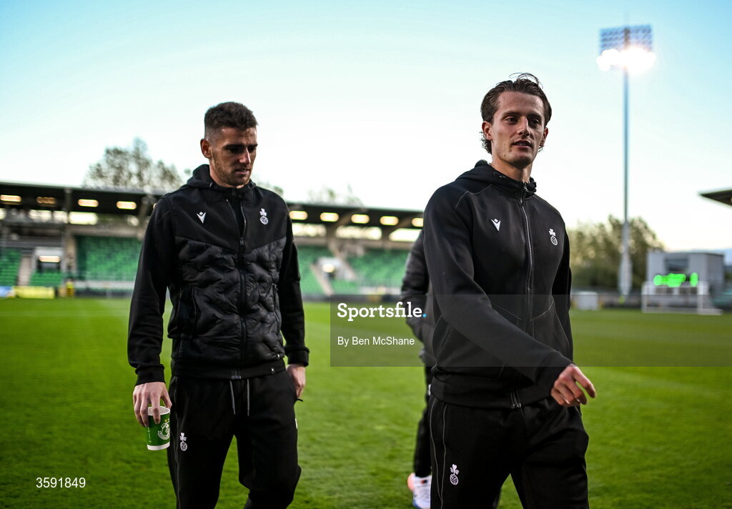 12 October 2026; John McGovern, right, and Dylan Watts of Shamrock Rovers arrive before the SSE Airtricity Men's Premier Division match between Shamrock Rovers and Bohemians at Tallaght Stadium in Dublin. Photo by Ben McShane/Sportsfile