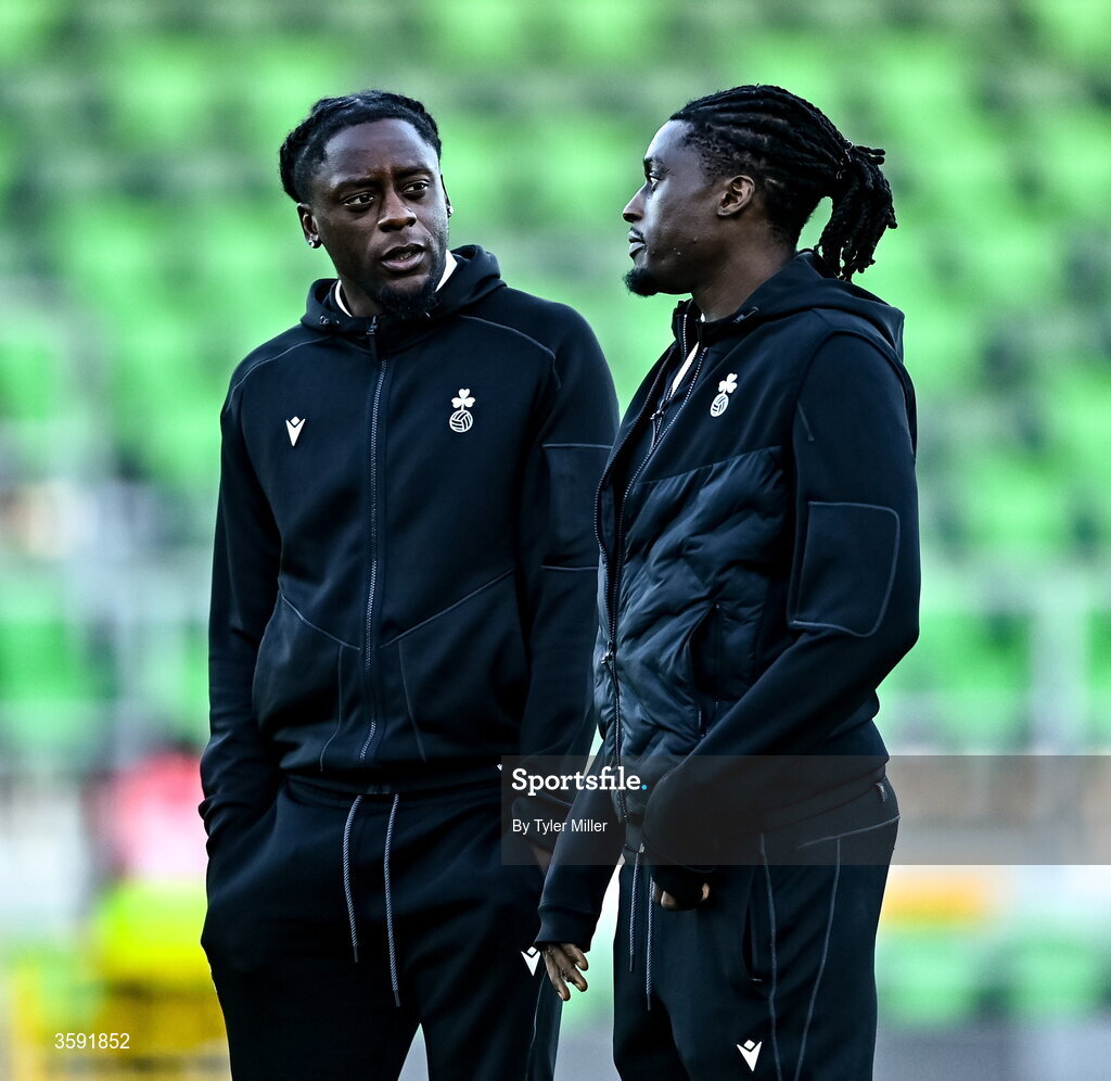 12 October 2026; Jonathan Afolabi, left, and Tunmise Sobowale of Shamrock Rovers before the SSE Airtricity Men's Premier Division match between Shamrock Rovers and Bohemians at Tallaght Stadium in Dublin. Photo by Tyler Miller/Sportsfile