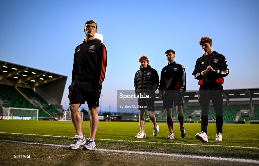 12 October 2026; Markuss Strods of Bohemians, left, walks off the pitch before the SSE Airtricity Men's Premier Division match between Shamrock Rovers and Bohemians at Tallaght Stadium in Dublin. Photo by Ben McShane/Sportsfile