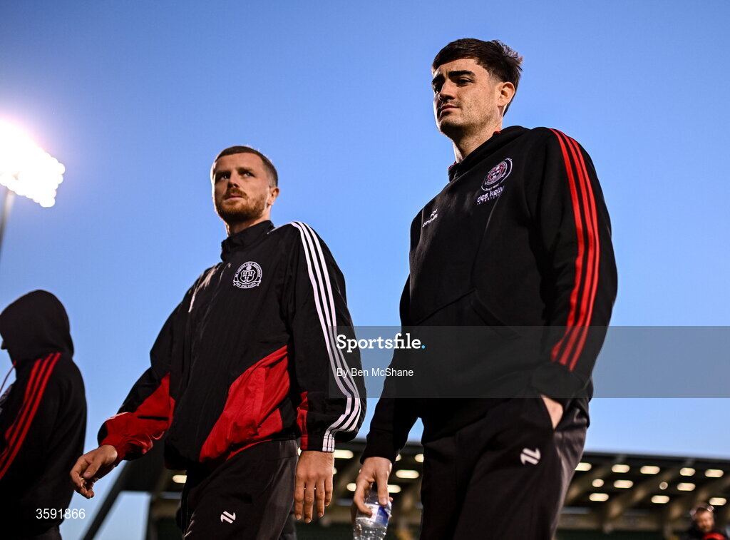 12 October 2026; Dawson Devoy. right, and Adam McDonnell of Bohemians walk off the pitch before the SSE Airtricity Men's Premier Division match between Shamrock Rovers and Bohemians at Tallaght Stadium in Dublin. Photo by Ben McShane/Sportsfile