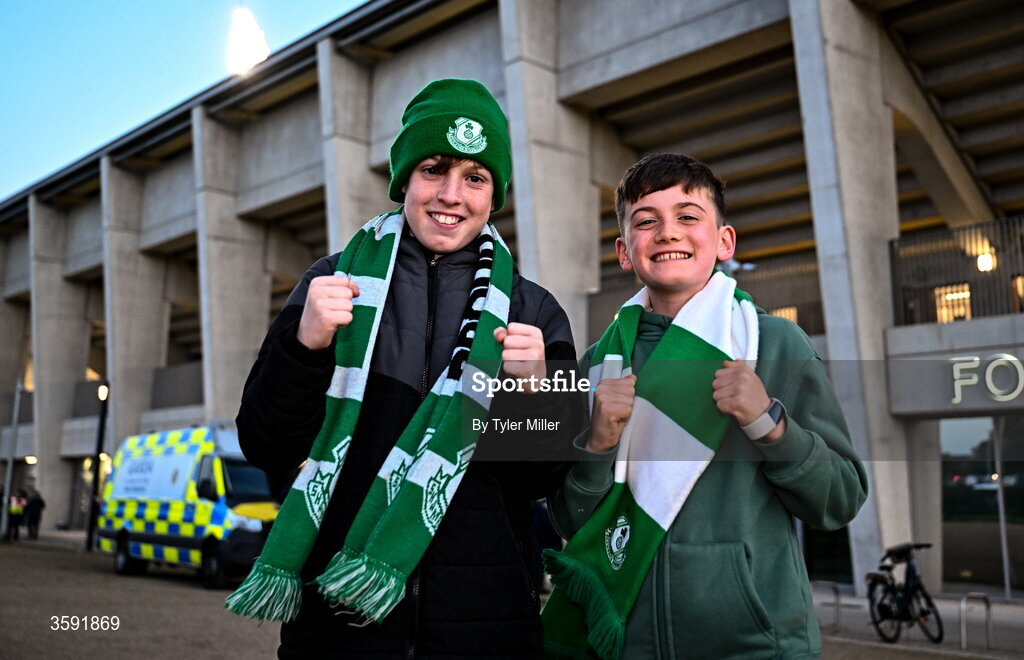 12 October 2026; Shamrock Rovers supporters Darragh Casey and Seán Noonan before the SSE Airtricity Men's Premier Division match between Shamrock Rovers and Bohemians at Tallaght Stadium in Dublin. Photo by Tyler Miller/Sportsfile