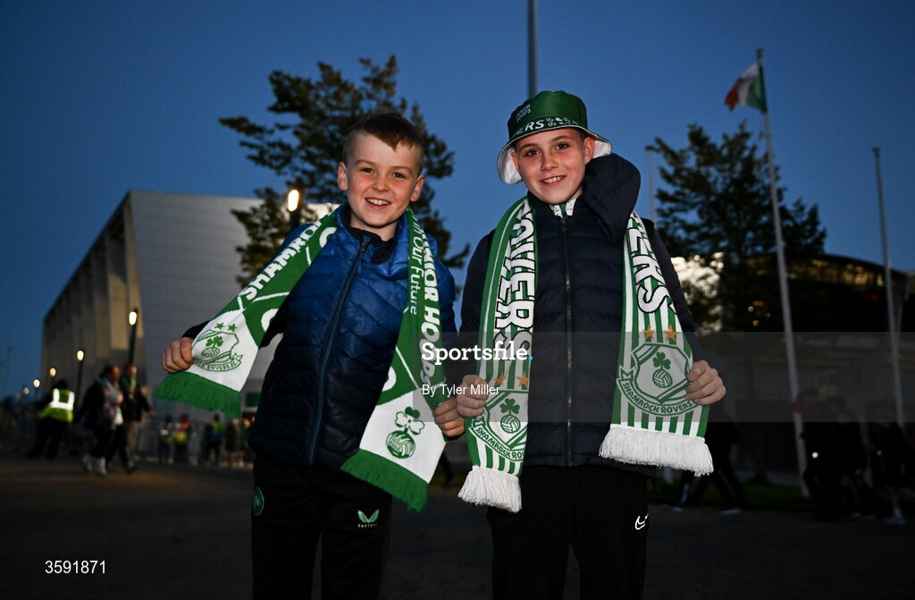 12 October 2026; Shamrock Rovers supporters Joseph Scanlon and Ryan Brogan before the SSE Airtricity Men's Premier Division match between Shamrock Rovers and Bohemians at Tallaght Stadium in Dublin. Photo by Tyler Miller/Sportsfile