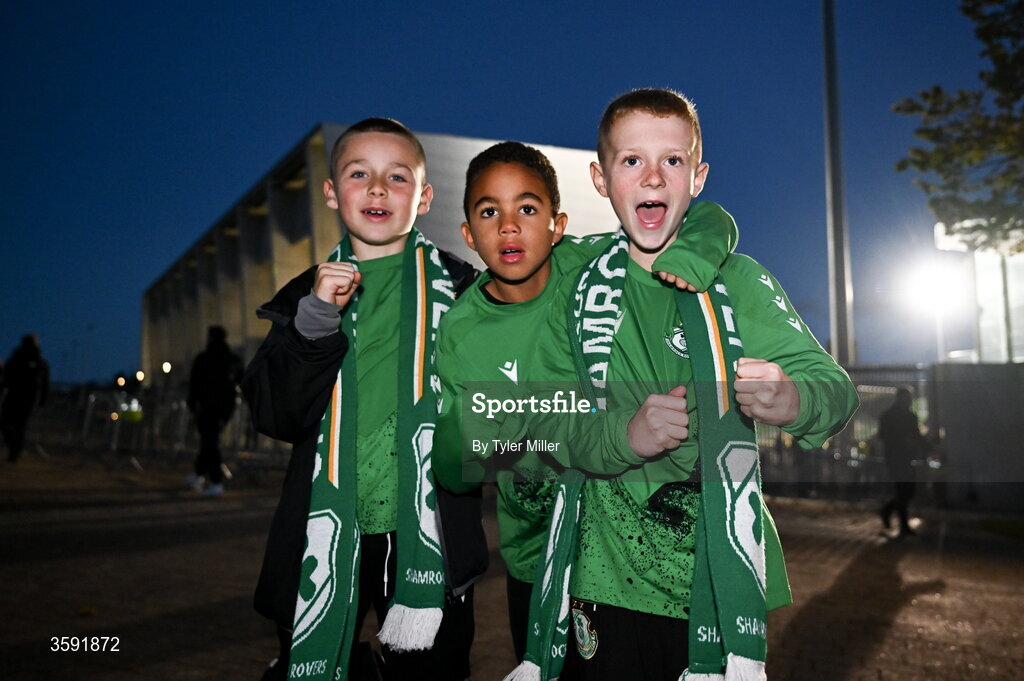 12 October 2026; Shamrock Rovers supporters Jack O'Regan, Riley Ludlow and Daragh Wixted before the SSE Airtricity Men's Premier Division match between Shamrock Rovers and Bohemians at Tallaght Stadium in Dublin. Photo by Tyler Miller/Sportsfile