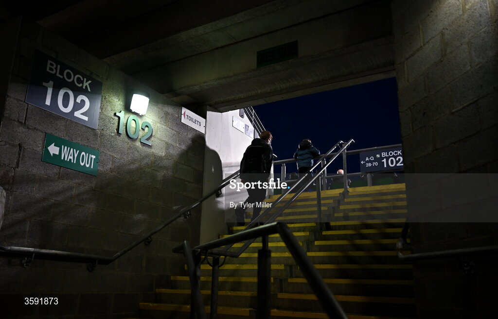 12 October 2026; A Shamrock Rovers supporter makes their way into the stadium before the SSE Airtricity Men's Premier Division match between Shamrock Rovers and Bohemians at Tallaght Stadium in Dublin. Photo by Tyler Miller/Sportsfile