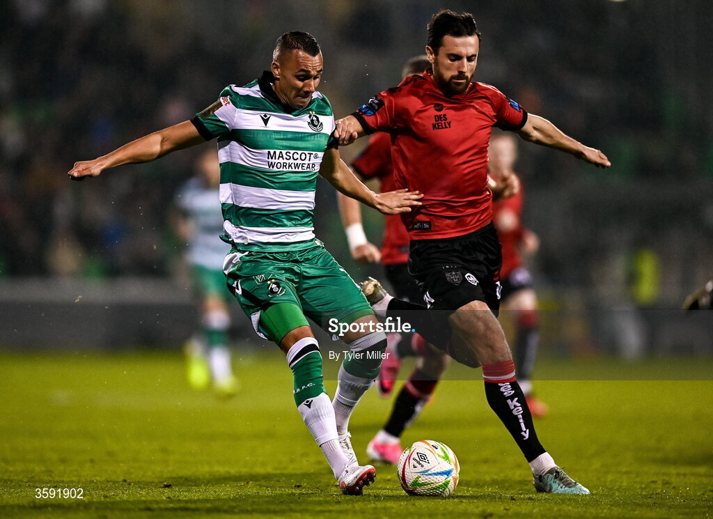 12 October 2026; Graham Burke of Shamrock Rovers in action against Jordan Flores of Bohemians during the SSE Airtricity Men's Premier Division match between Shamrock Rovers and Bohemians at Tallaght Stadium in Dublin. Photo by Tyler Miller/Sportsfile