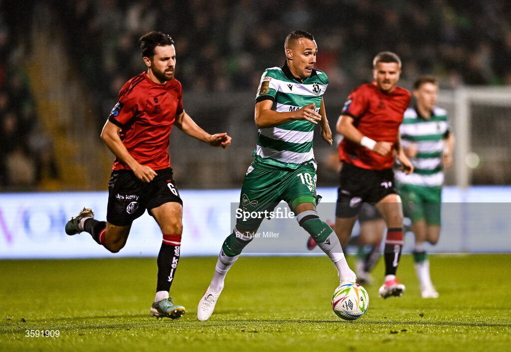 12 October 2026; Graham Burke of Shamrock Rovers in action against Jordan Flores of Bohemians during the SSE Airtricity Men's Premier Division match between Shamrock Rovers and Bohemians at Tallaght Stadium in Dublin. Photo by Tyler Miller/Sportsfile