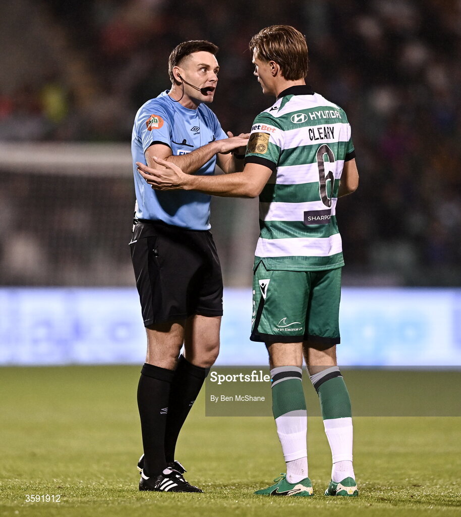 12 October 2026; Referee Rob Hennessy speaks to Daniel Cleary of Shamrock Rovers during the SSE Airtricity Men's Premier Division match between Shamrock Rovers and Bohemians at Tallaght Stadium in Dublin. Photo by Ben McShane/Sportsfile