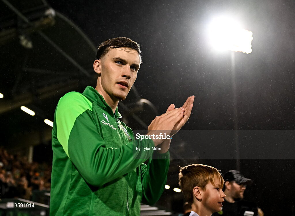 12 October 2026; Matt Healy of Shamrock Rovers walks out before the SSE Airtricity Men's Premier Division match between Shamrock Rovers and Bohemians at Tallaght Stadium in Dublin. Photo by Tyler Miller/Sportsfile