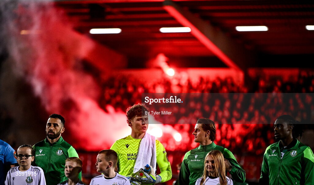 12 October 2026; Roberto Lopes, Ed McGinty, John McGovern and Tunmise Sobowale of Shamrock Rovers line up before the SSE Airtricity Men's Premier Division match between Shamrock Rovers and Bohemians at Tallaght Stadium in Dublin. Photo by Tyler Miller/Sportsfile