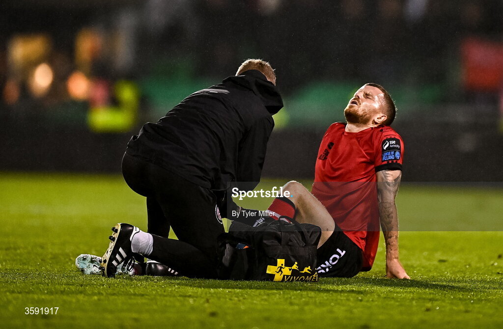 12 October 2026; Adam McDonnell of Bohemians is treated to while down injured during the SSE Airtricity Men's Premier Division match between Shamrock Rovers and Bohemians at Tallaght Stadium in Dublin. Photo by Tyler Miller/Sportsfile