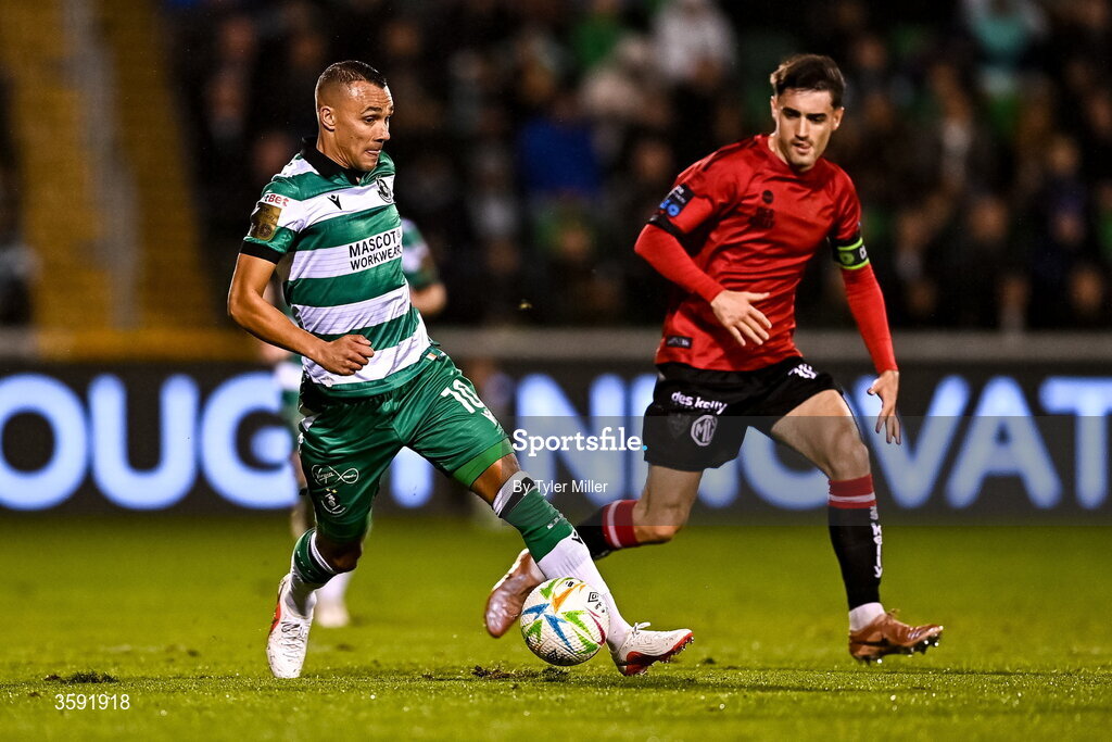 12 October 2026; Graham Burke of Shamrock Rovers in action against Dawson Devoy of Bohemians during the SSE Airtricity Men's Premier Division match between Shamrock Rovers and Bohemians at Tallaght Stadium in Dublin. Photo by Tyler Miller/Sportsfile