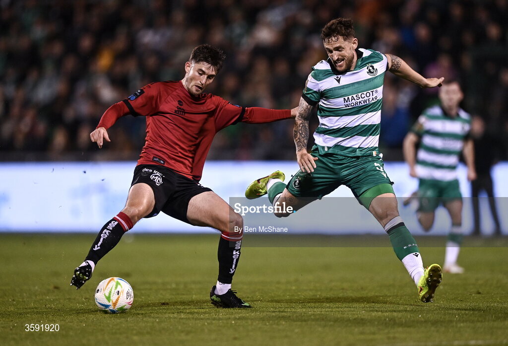 12 October 2026; Colm Whelan of Bohemians in action against Lee Grace of Shamrock Rovers during the SSE Airtricity Men's Premier Division match between Shamrock Rovers and Bohemians at Tallaght Stadium in Dublin. Photo by Ben McShane/Sportsfile