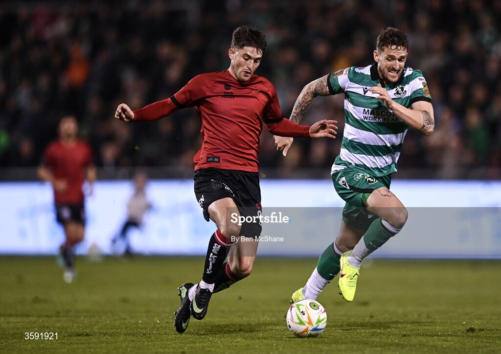 12 October 2026; Colm Whelan of Bohemians in action against Lee Grace of Shamrock Rovers during the SSE Airtricity Men's Premier Division match between Shamrock Rovers and Bohemians at Tallaght Stadium in Dublin. Photo by Ben McShane/Sportsfile