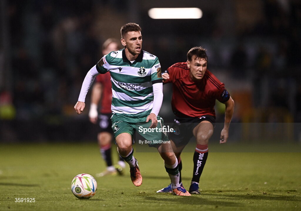 12 October 2026; Dylan Watts of Shamrock Rovers in action against Dayle Rooney of Bohemians during the SSE Airtricity Men's Premier Division match between Shamrock Rovers and Bohemians at Tallaght Stadium in Dublin. Photo by Ben McShane/Sportsfile