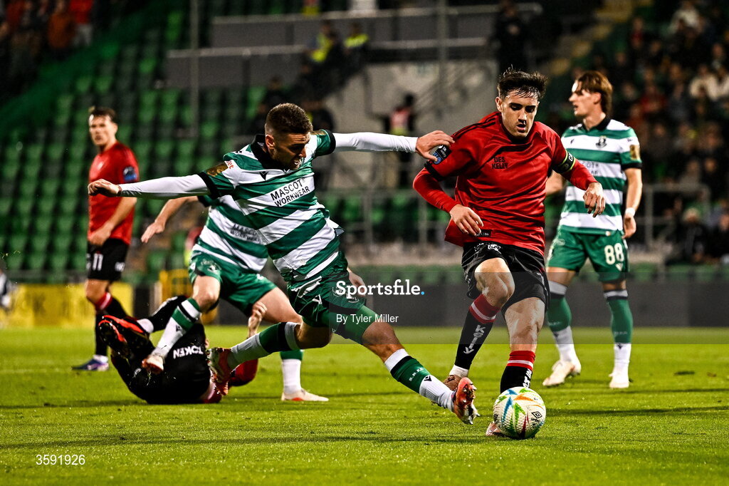 12 October 2026; Dawson Devoy of Bohemians is tackled by Dylan Watts of Shamrock Rovers during the SSE Airtricity Men's Premier Division match between Shamrock Rovers and Bohemians at Tallaght Stadium in Dublin. Photo by Tyler Miller/Sportsfile