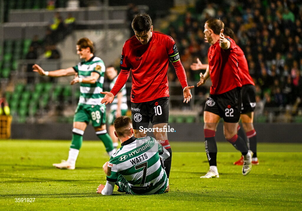 12 October 2026; Dawson Devoy of Bohemians taunts Dylan Watts of Shamrock Rovers after been tackled during the SSE Airtricity Men's Premier Division match between Shamrock Rovers and Bohemians at Tallaght Stadium in Dublin. Photo by Tyler Miller/Sportsfile