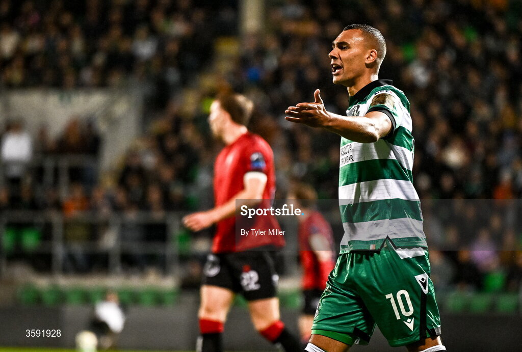 12 October 2026; Graham Burke of Shamrock Rovers reacts during the SSE Airtricity Men's Premier Division match between Shamrock Rovers and Bohemians at Tallaght Stadium in Dublin. Photo by Tyler Miller/Sportsfile