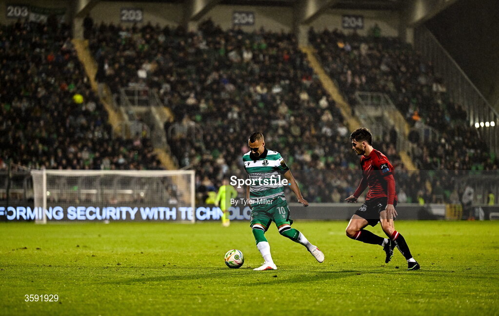 12 October 2026; Graham Burke of Shamrock Rovers in action against Colm Whelan of Bohemians during the SSE Airtricity Men's Premier Division match between Shamrock Rovers and Bohemians at Tallaght Stadium in Dublin. Photo by Tyler Miller/Sportsfile