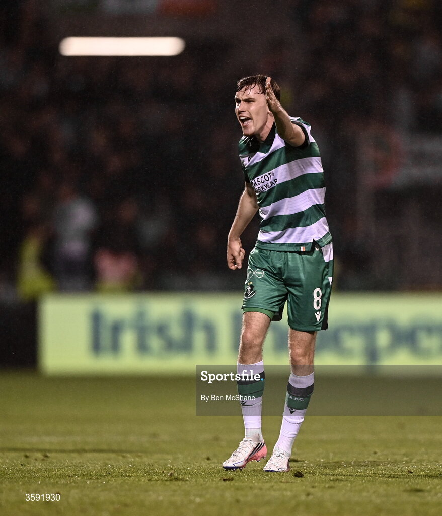 12 October 2026; Matt Healy of Shamrock Rovers reacts during the SSE Airtricity Men's Premier Division match between Shamrock Rovers and Bohemians at Tallaght Stadium in Dublin. Photo by Ben McShane/Sportsfile