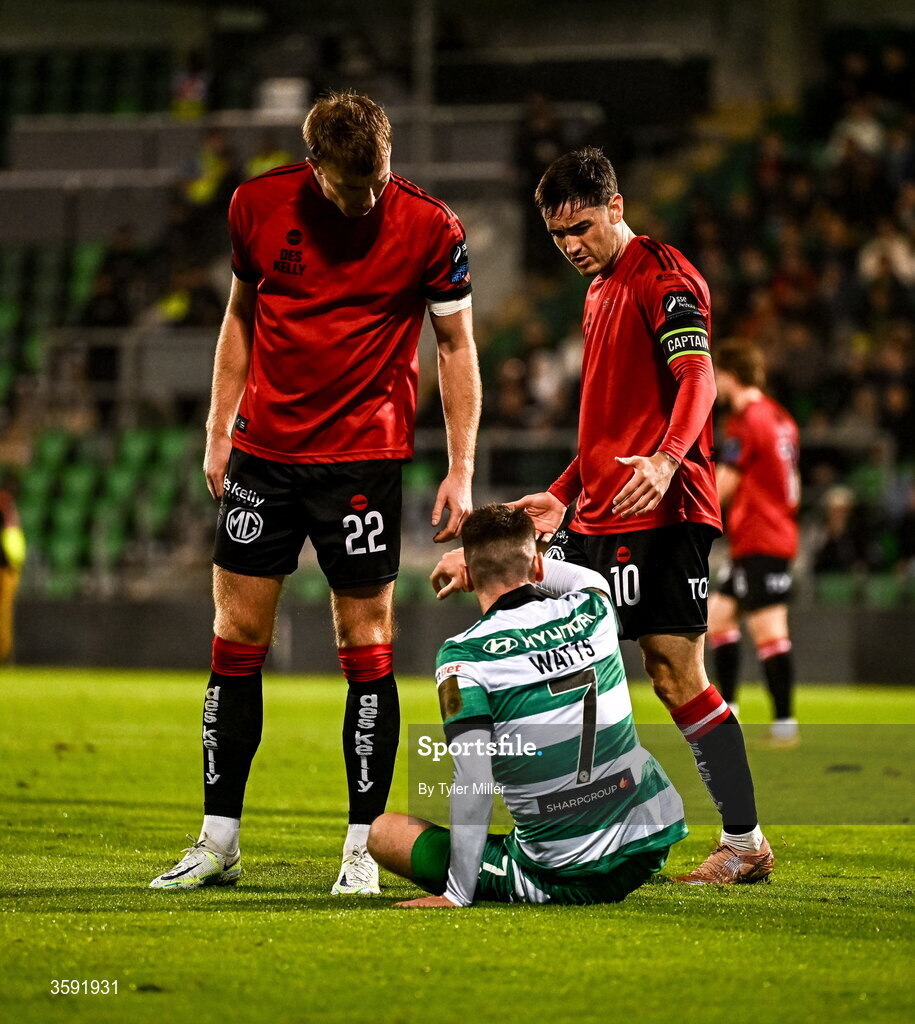 12 October 2026; Dawson Devoy, right, and Sam Todd of Bohemians speak to Dylan Watts of Shamrock Rovers during the SSE Airtricity Men's Premier Division match between Shamrock Rovers and Bohemians at Tallaght Stadium in Dublin. Photo by Tyler Miller/Sportsfile