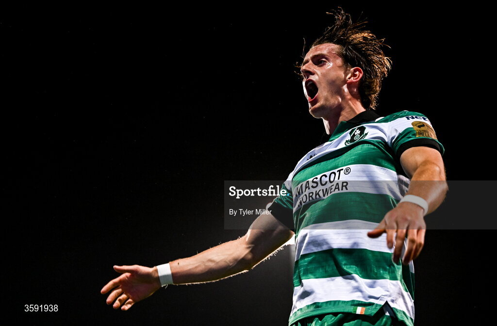 12 October 2026; John McGovern of Shamrock Rovers celebrates after scoring his side's first goal during the SSE Airtricity Men's Premier Division match between Shamrock Rovers and Bohemians at Tallaght Stadium in Dublin. Photo by Tyler Miller/Sportsfile