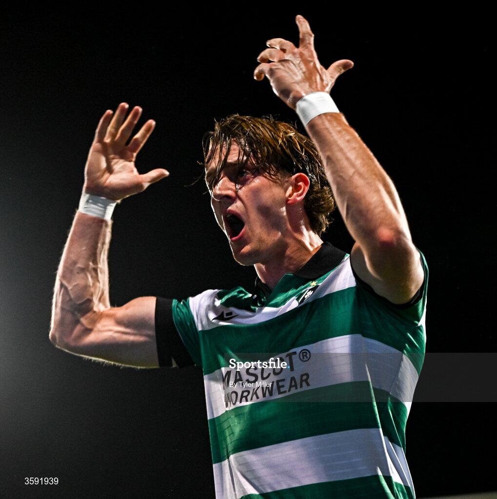 12 October 2026; John McGovern of Shamrock Rovers celebrates after scoring his side's first goal during the SSE Airtricity Men's Premier Division match between Shamrock Rovers and Bohemians at Tallaght Stadium in Dublin. Photo by Tyler Miller/Sportsfile