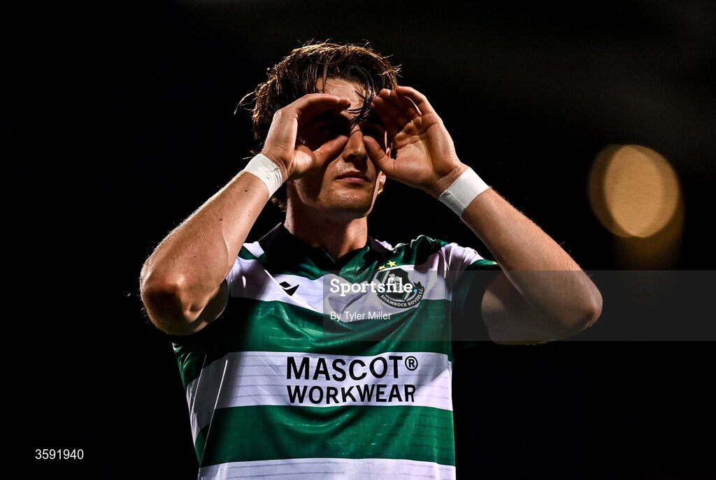 12 October 2026; John McGovern of Shamrock Rovers celebrates after scoring his side's first goal during the SSE Airtricity Men's Premier Division match between Shamrock Rovers and Bohemians at Tallaght Stadium in Dublin. Photo by Tyler Miller/Sportsfile