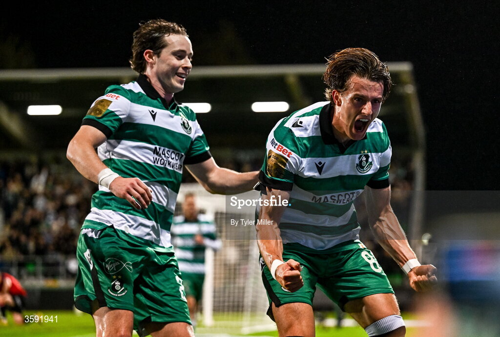 12 October 2026; John McGovern of Shamrock Rovers, right,  celebrates with teammate Will Fitzgerald after scoring his side's first goal during the SSE Airtricity Men's Premier Division match between Shamrock Rovers and Bohemians at Tallaght Stadium in Dublin. Photo by Tyler Miller/Sportsfile