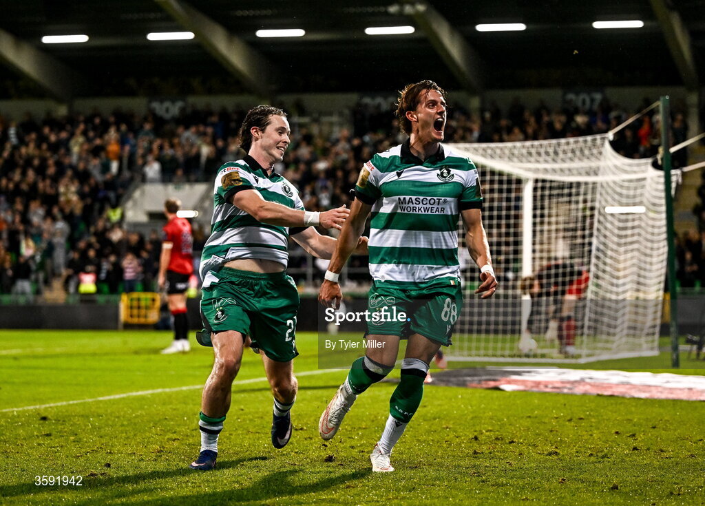 12 October 2026; John McGovern of Shamrock Rovers, right,  celebrates with teammate Will Fitzgerald after scoring his side's first goal during the SSE Airtricity Men's Premier Division match between Shamrock Rovers and Bohemians at Tallaght Stadium in Dublin. Photo by Tyler Miller/Sportsfile