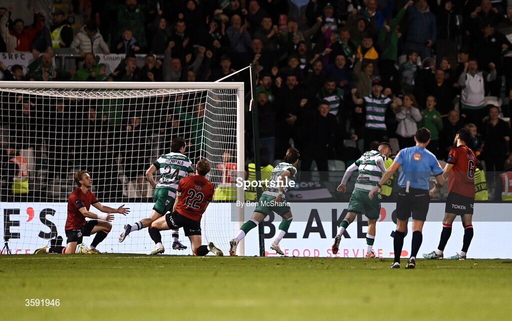 12 October 2026; John McGovern of Shamrock Rovers, centre, celebrates after scoring his side's first goal during the SSE Airtricity Men's Premier Division match between Shamrock Rovers and Bohemians at Tallaght Stadium in Dublin. Photo by Ben McShane/Sportsfile